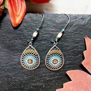Boho Teardrop Earrings Ancient Silver Turquoise and Tan w/ Kidney Wire Hooks
